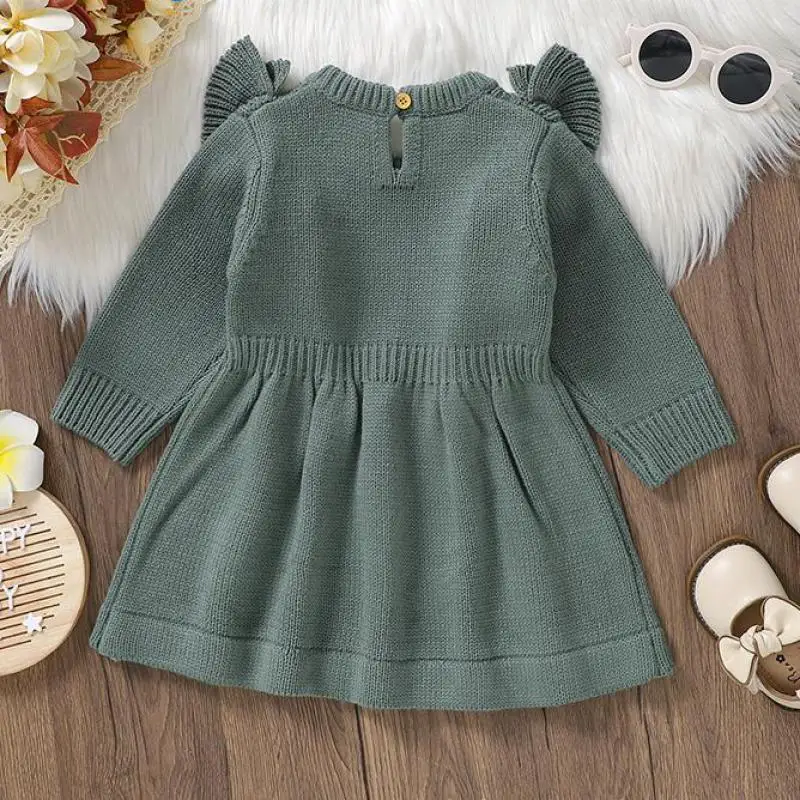 Autumn Winter Children\'s Clothing Girl Baby Solid Knitted Flouncing Long Sleeve Dress Fashion Kids Knit Casual Princess Dresses