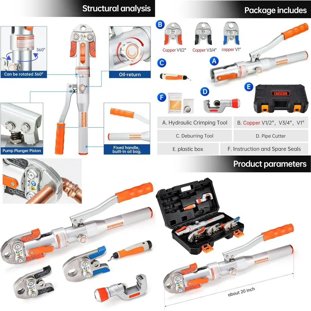 

Universal Hydraulic Copper Pipe Crimping Tools for 1/2, 3/4, and 1 Jaw Sizes, Ideal for Tight Spaces and Tee Fittings