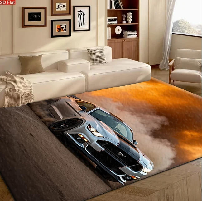 Silver Sports Car Desert Sunset Carpet Flooring, Cool Automobile Non-Slip Floor Rug for Living Room Teen Bedroom Home Decoration