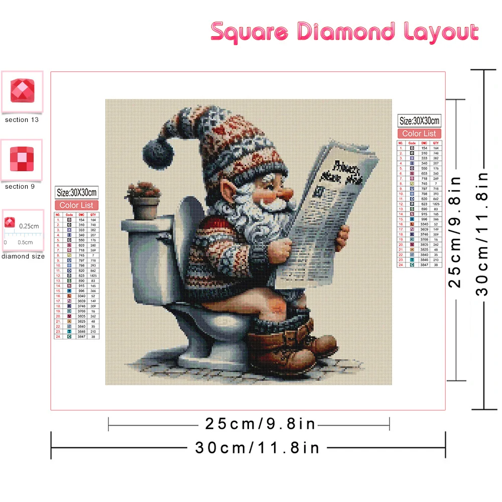 Huacan Diy Diamond Painting Portrait Gnome Full 5d Drill Mosaic Toilet New Collection Funny Gift Bathroom Decoration Craft Kit