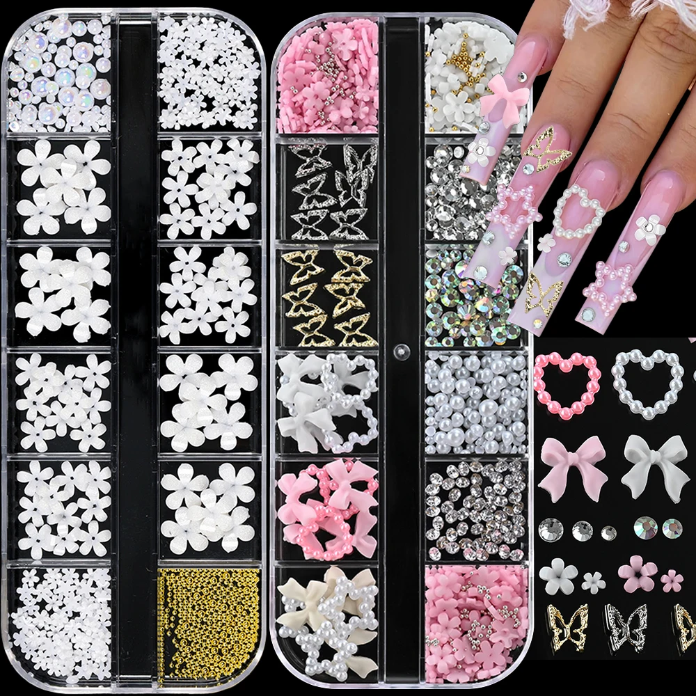 

2-Boxes White Five-petal Flower Bow Nail Rhinestones Charms 3D Mixed Resin Pearl Star Nail Accessories Alloy Butterfly Nail Deco