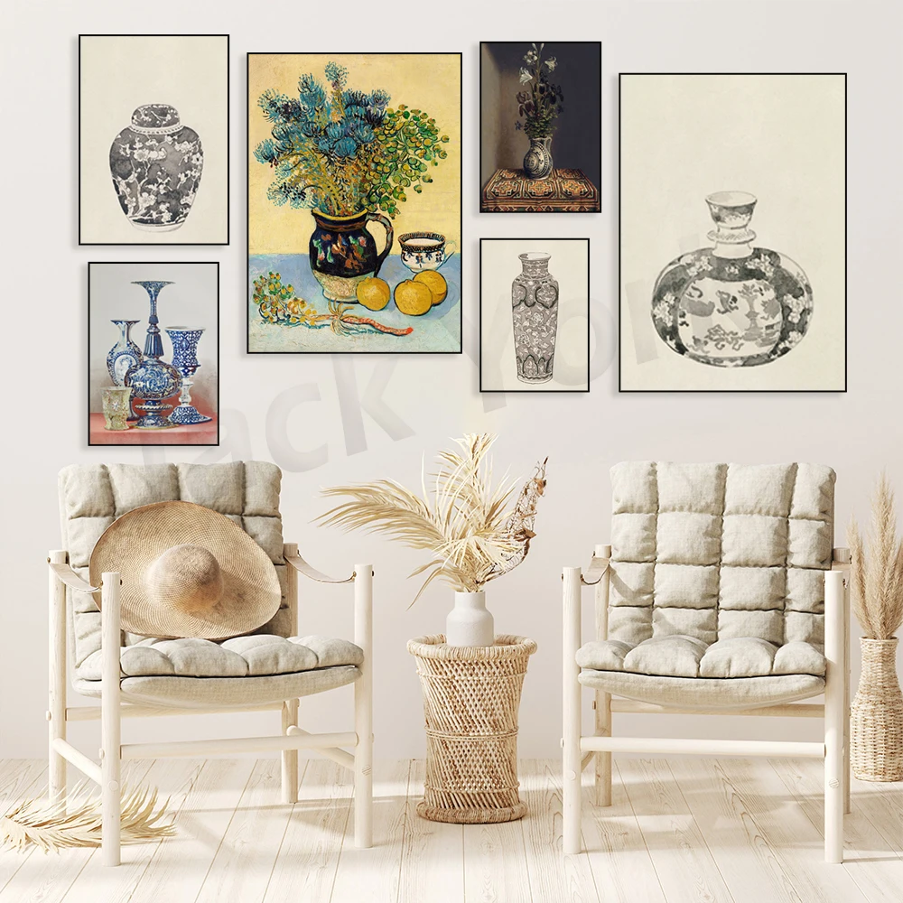 Chinoiserie Vases Print, Vintage Still Life Blue and White Art Printable, Antique Vases Painting ,Moody Floral Still Life Prints