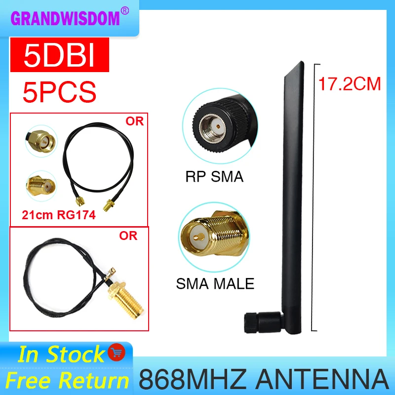 

GWS 5PCS 868 915 MHz lora Antenna 5dbi RP-SMA Connector IOT PBX 21cm SMA Male /u.FL ipex 1 Pigtail Cable RG174 coaxial line