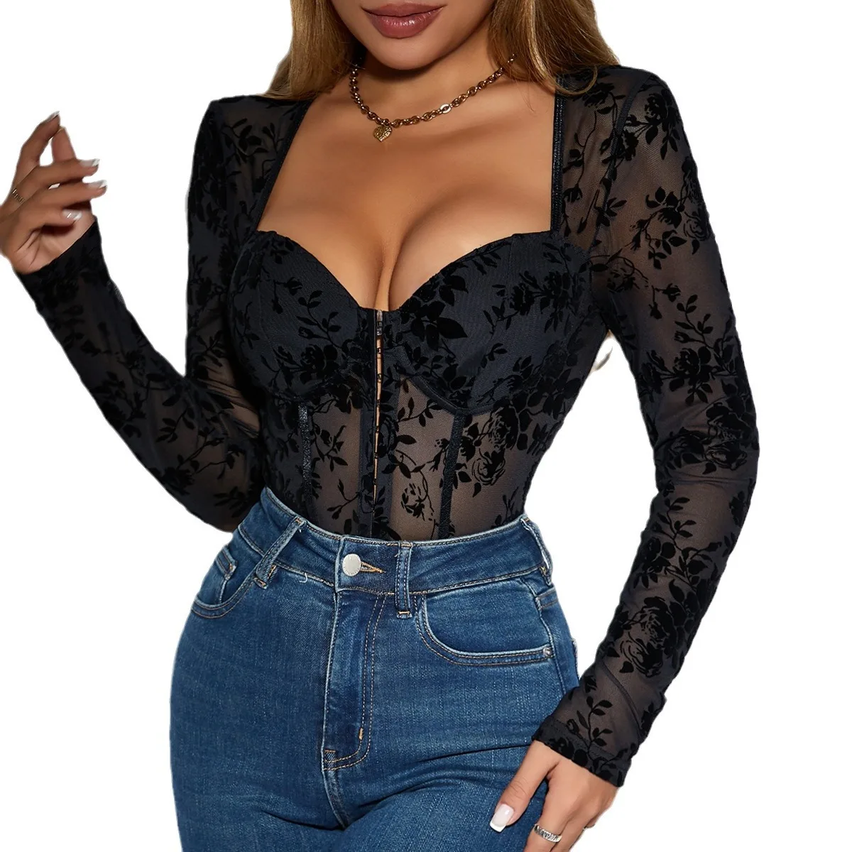 Women's Floed Print High Waist Long Sve Jumpsuit Button up Slim Fit Faionable Autumn Collection 00% Fabric Content