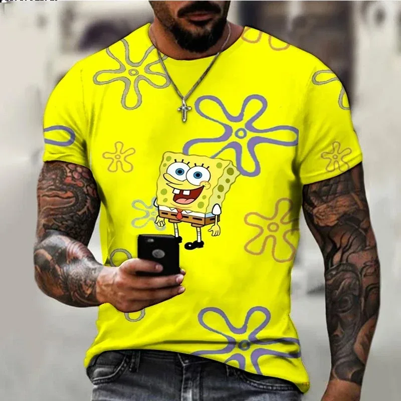 2024 Summer SpongeBob SquarePants Men\'s T-shirt Fashion Casual Men Round Neck T Shirt Cartoon Boys Clothes Girls Tops Clothing