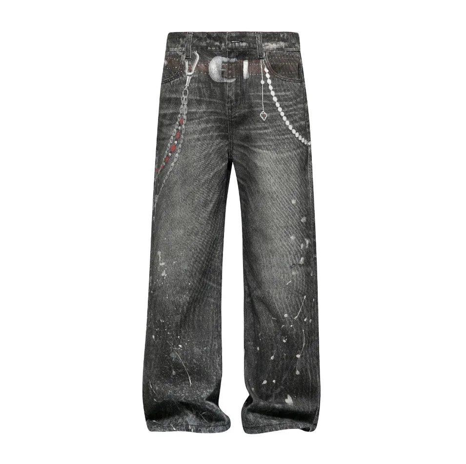 2025 Retro American 3D Printed Splatter Washed Loose Fit Straight Leg Men's Jeans Cleanfit Long Pants Street Trend Loose Style