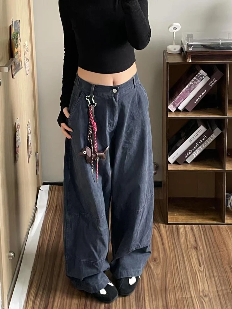 HOUZHOU Vintage Washed Women Cargo Jeans High Waist Wide Leg American Style Denim Pants Baggy Trousers Y2k Casual High Street