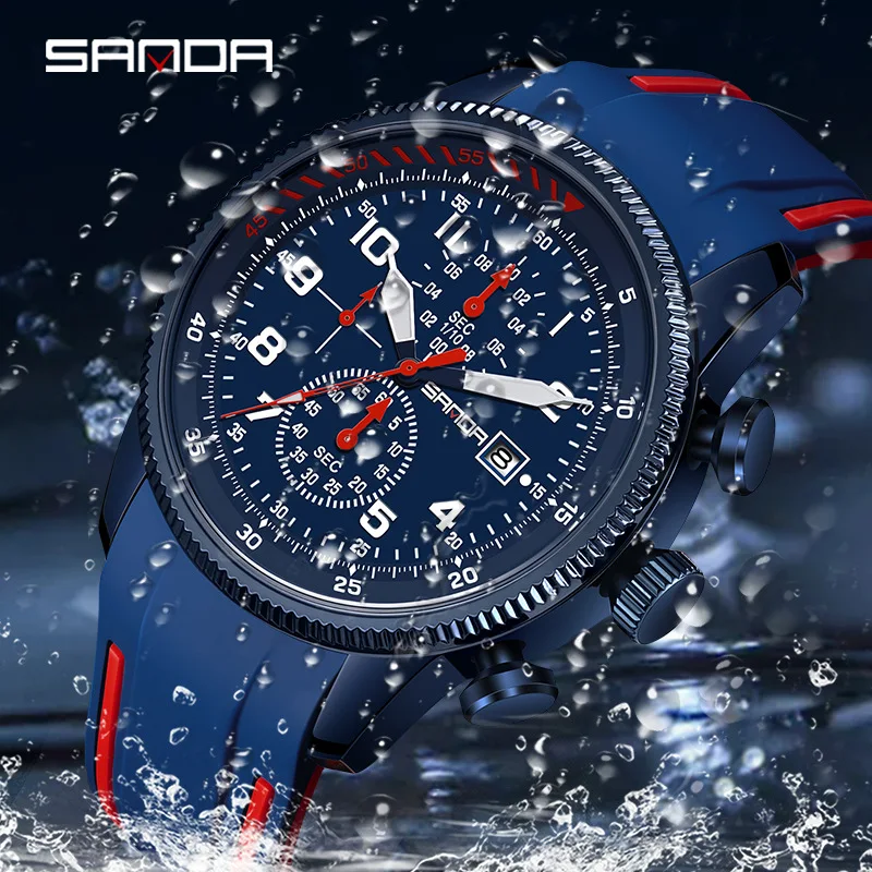 Sanda-Reloj de pulsera para hombre, accesorio de pulsera resistente al agua con múltiples funciones, 4 esferas, correa de silicona suave, movimiento de cuarzo japonés, 5507