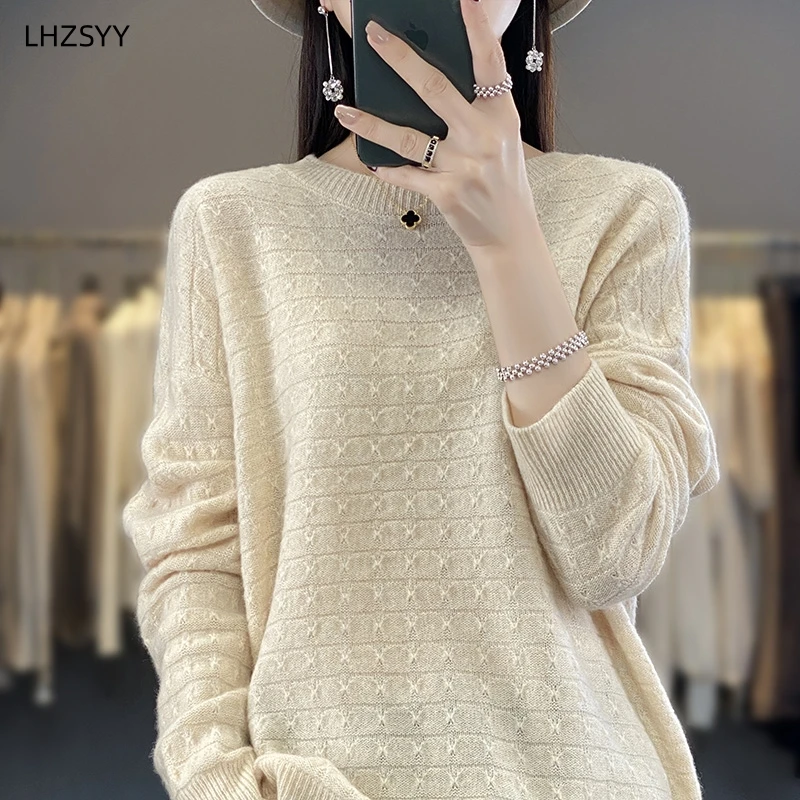 LHZSYY 2023Spring Autumn New Pure Wool Sweater Ladies O-Neck Loose Pullover Fashion Jacquard Knit Women Tops Cashmere Base Shirt