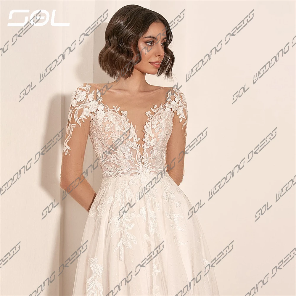 SOL elegan gaun pernikahan renda applique lengan Tulle Panjang leher V gaun pengantin panjang selantai A-Line sederhana gaun pengantin Vestidos De Novia