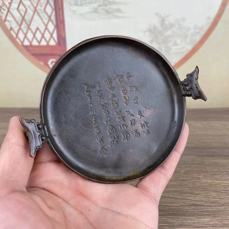 

with inscriptions, vintage ink , round old-fashioned stationery, copper tray ornament