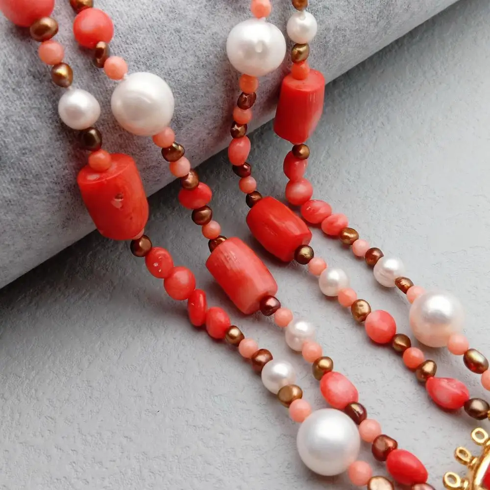 

KKGEM 54mm Orange Coral Pearl Big Pendant 2 Rows Cultured 12x13mm White Pearl Pink Coral Necklace