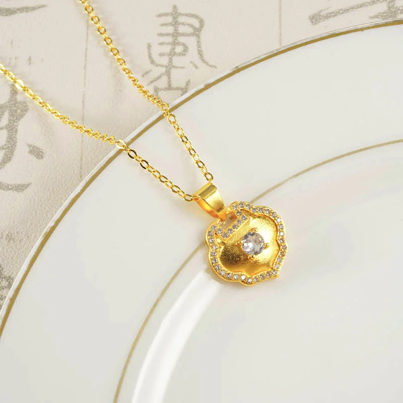 

Daily Versatile Diamond Inlay Ruyi Lock Necklace Pendant For Women 24K Gold AU999 Classic style suits daily casual