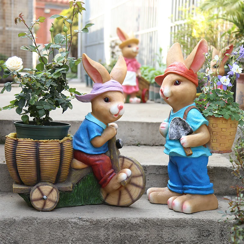 

Large Garden Bunny Statue Cartoon Rabbit Lawn Ornament for Yard Resin Flower Pot Animal Figure Kindergarten Creative Decorations