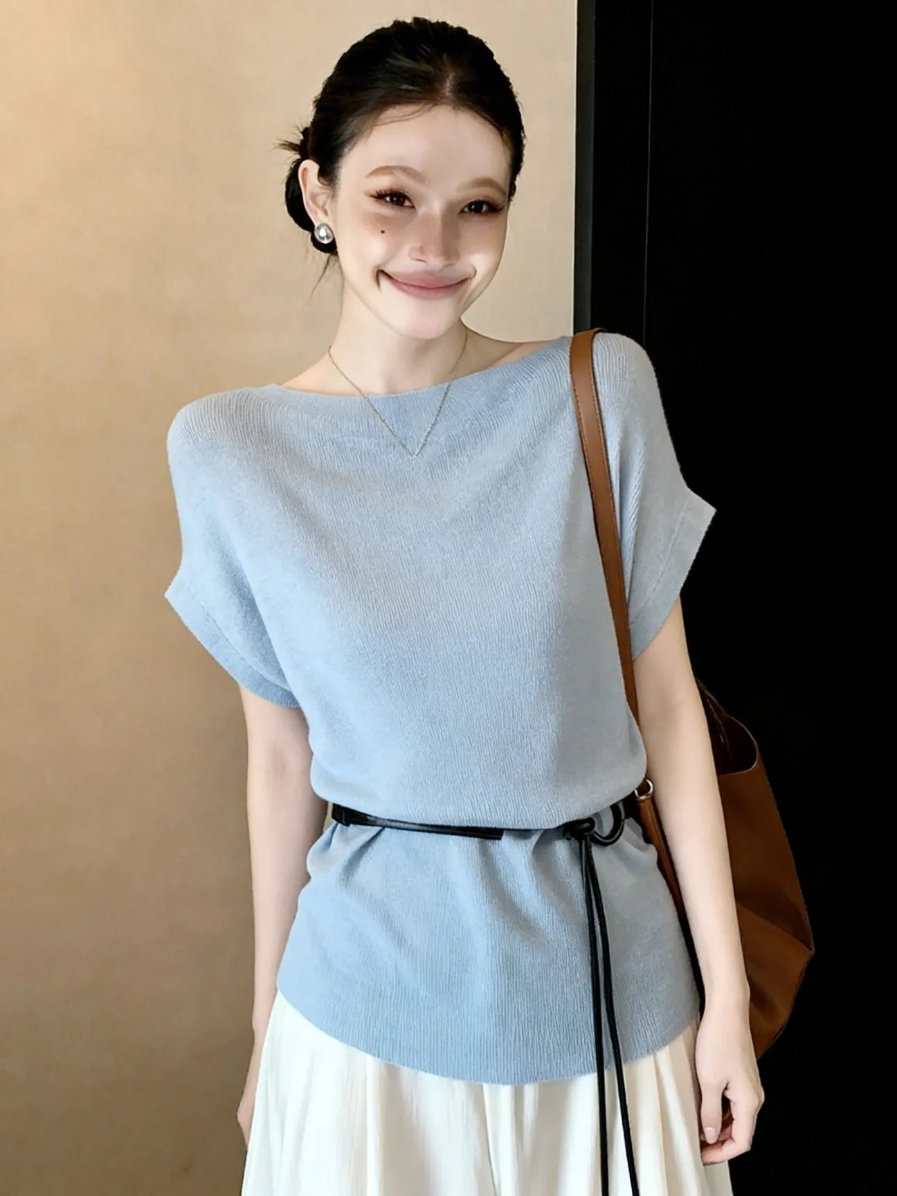 

plus Size Knitted Short Sleeve Shoulder Bared Pure Desire Style Summer New Fashion Slimming Versatile Quality Unique Top for ...