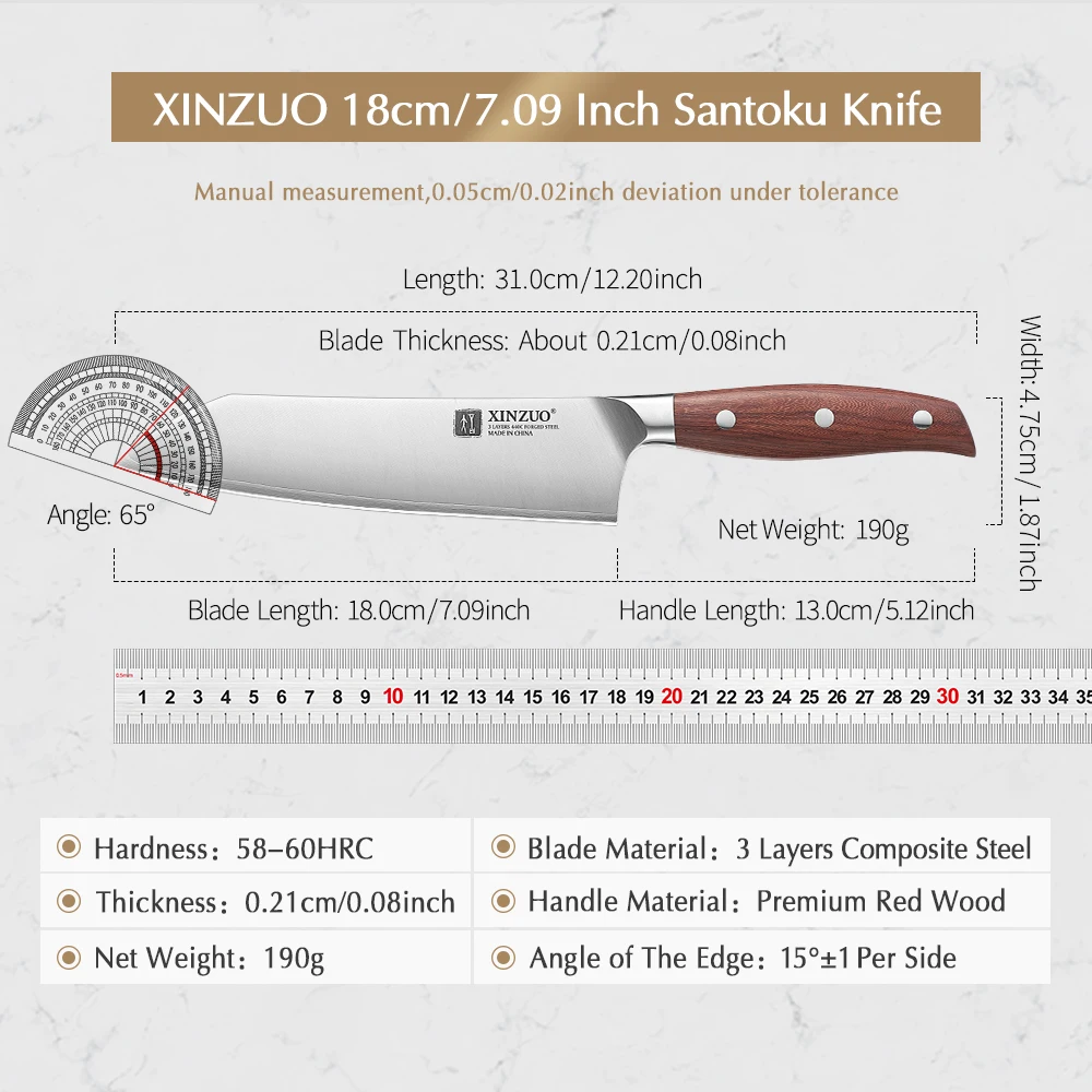 XINZUO High Quality Stainless Steel 7.2\'\' Santoku Knife 3-layers Composite Steel Slicing Chef Kitchen Knives Red Wood Handle
