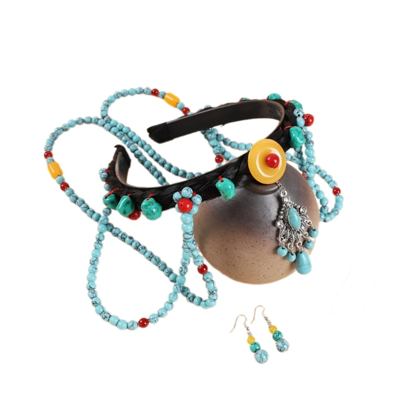 

Conspicuous Hair Hoop with Turquoise Forehead Chain Women Tibetan Hairband