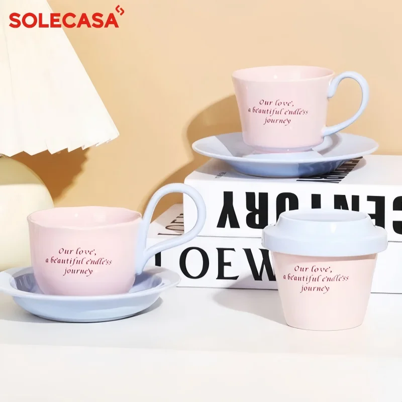 SOLECASA Keramikbecher mit kreativem Griff, rosa, blau, Kaffeetasse und Untertasse, Set, Nachmittagstee, Kaffee, Latte, Tassen, Kaffeetassen-Set für Zuhause