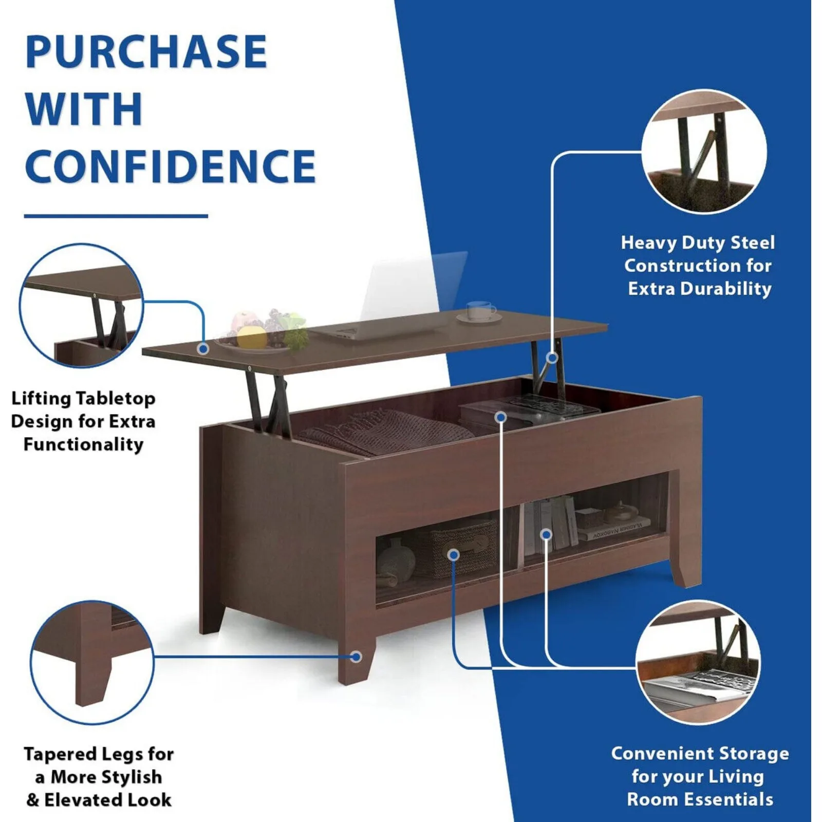 US Lift Top Coffee Table with Hidden Compartment, Storage Rack, Living Room