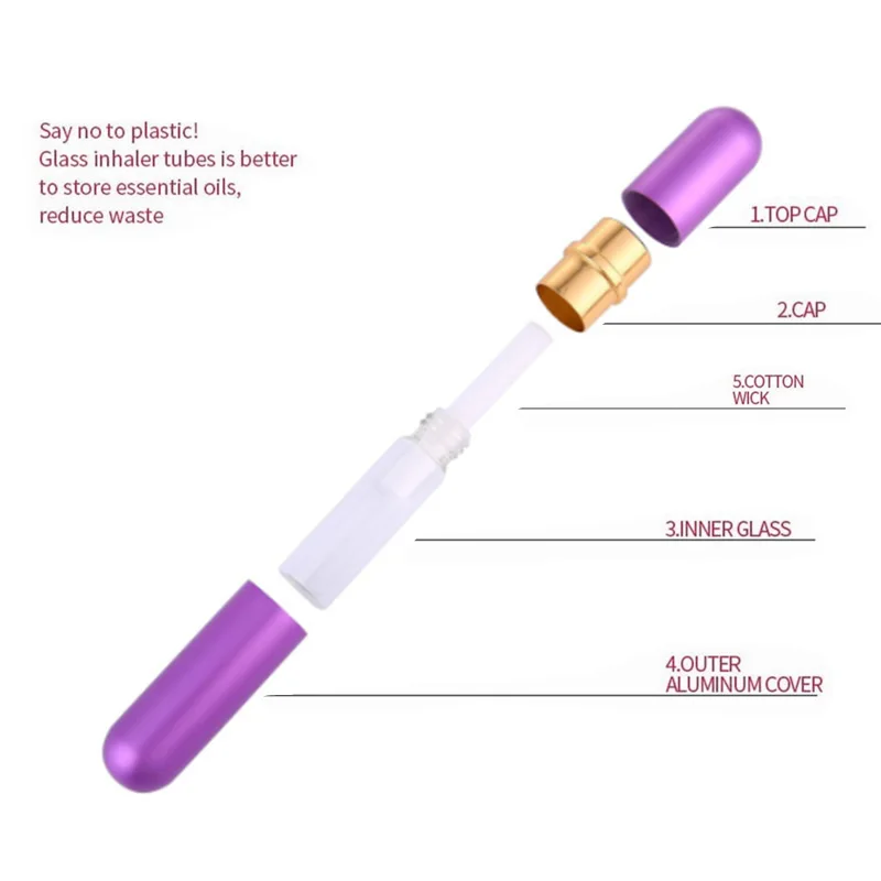 2 stücke 10 farben Metall Nasen Inhalatoren für Ätherische Öle Aromatherapie Leere Aluminium Rohre mit Ersatz Docht für reise parfüm