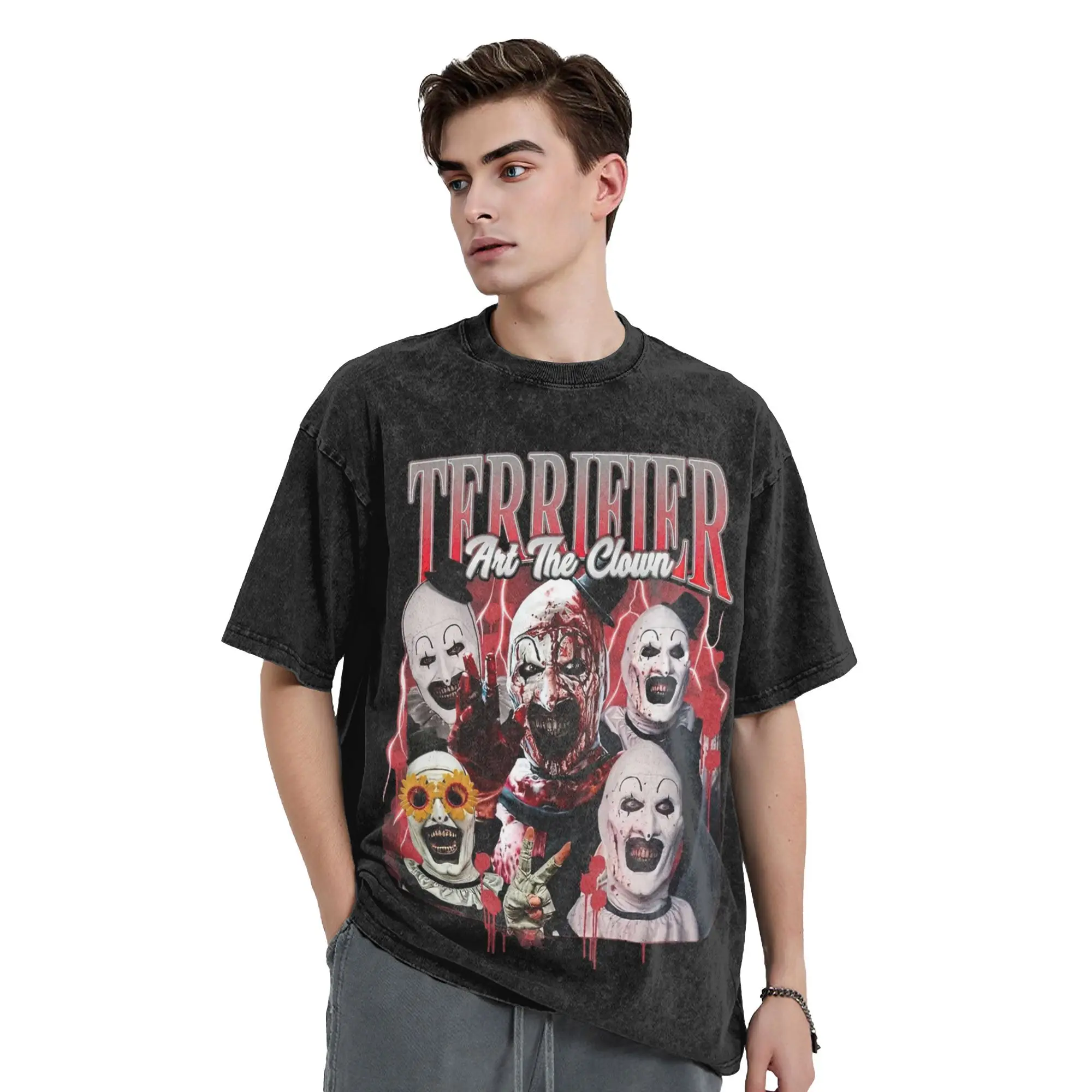 Oversized Washed T-Shirt Terrifier Cotton T-Shirts Art The Clown