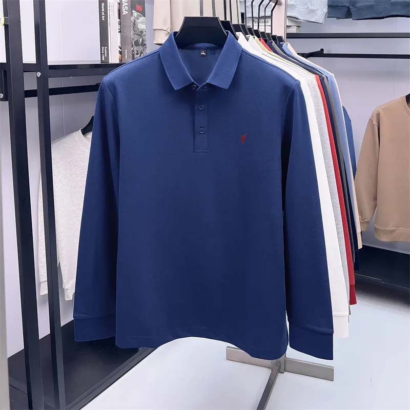 Long sleeved polo shirt for men in spring and autumn 2025, cotton T-shirt with embroidered pony logo, pure white upper garment