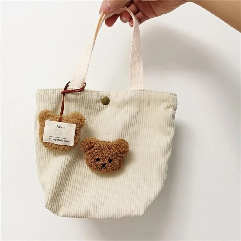 

J15U Corduroy Diaper Bag Organiser Cartoon Bear Nappy Storage Case for Newborns