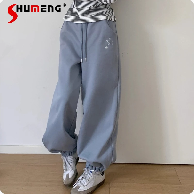 

2025 Winter New Sweatpants Embroidered Fleece-Lined Warm Comfortable Cuffed Drawstring Pants Women's Clothing Y2k Cool Trousers