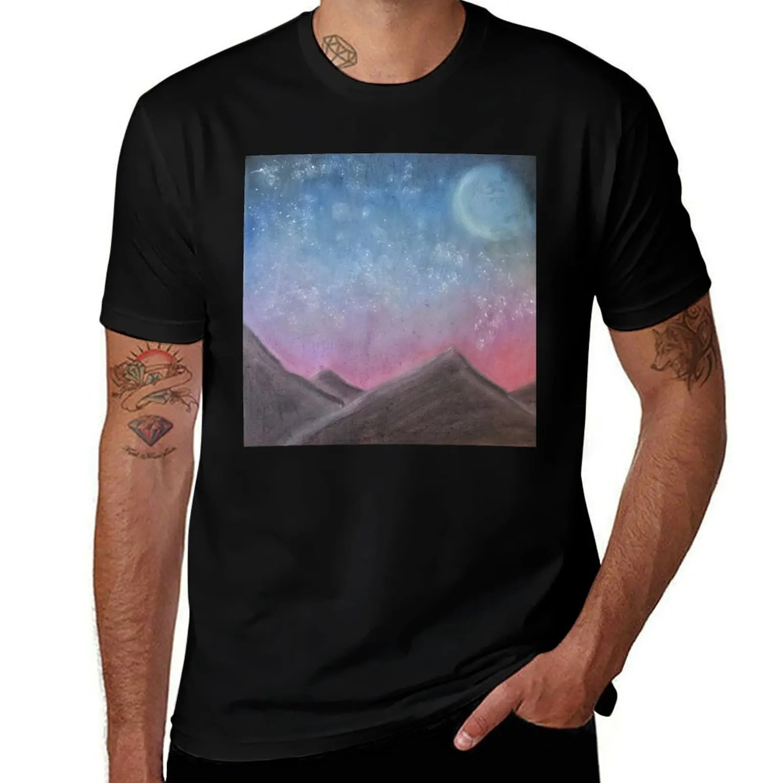 

Pastel moonlight with mountains T-Shirt anime figures cute clothes designer shirts mens big and tall t shirts