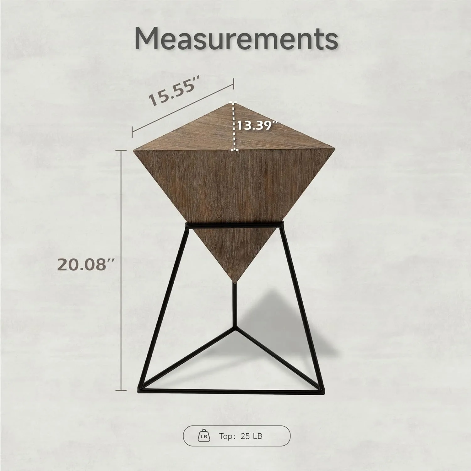 Modern Geometric End Table with Wooden Top and Metal Base, Unique Pyramid Side Table Plant Stand for Office,