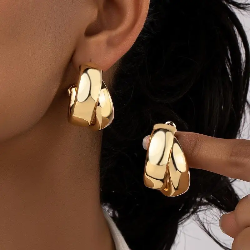 Clip-On Gold Crisscross Wide Hoop Earrings Trendy Minimalist Jewelry for Non-Pierced Ears Wedding Guest