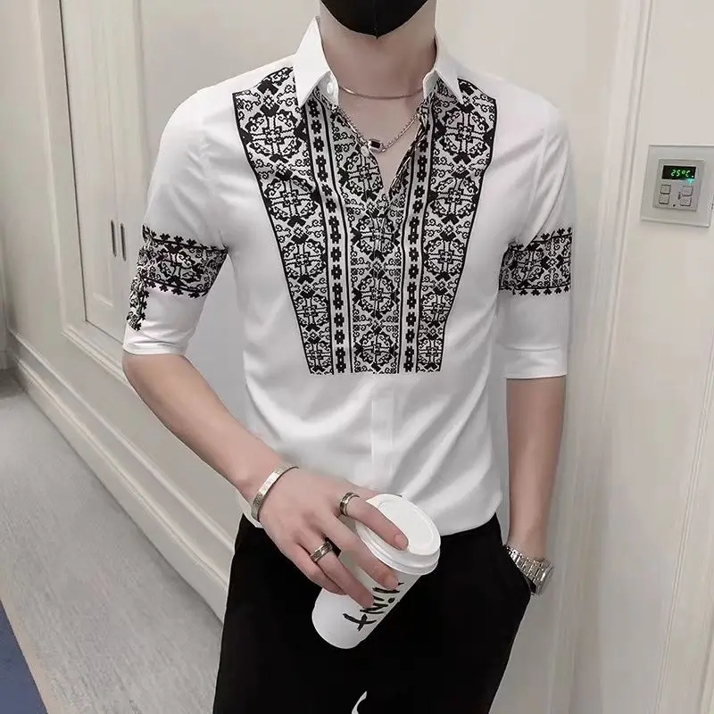 

Elegant Fashion Harajuku Slim Fit Ropa Hombre Loose Casual Sport All Match Three-quarter Sleeve Tops Square Neck Printed Blusa