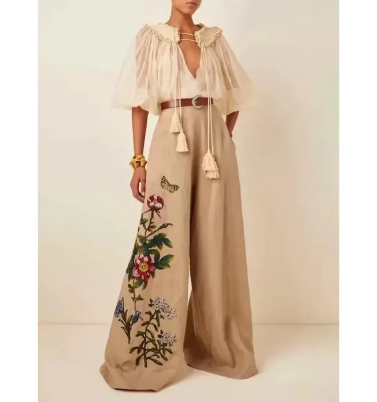 Modigirl Women\'s Wide Leg Pants With Belted 2025 Spring Summer Floral Printed Loose Vintage High Waisted Casual Trousers Woman