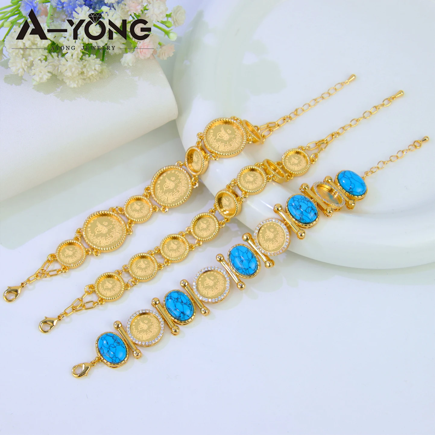 Luxury Dubai Gold Plated Bracelet 21k Gold Color Turkish Coins Fashion Turquoise Bangles Muslim Women Event Party Jewelry