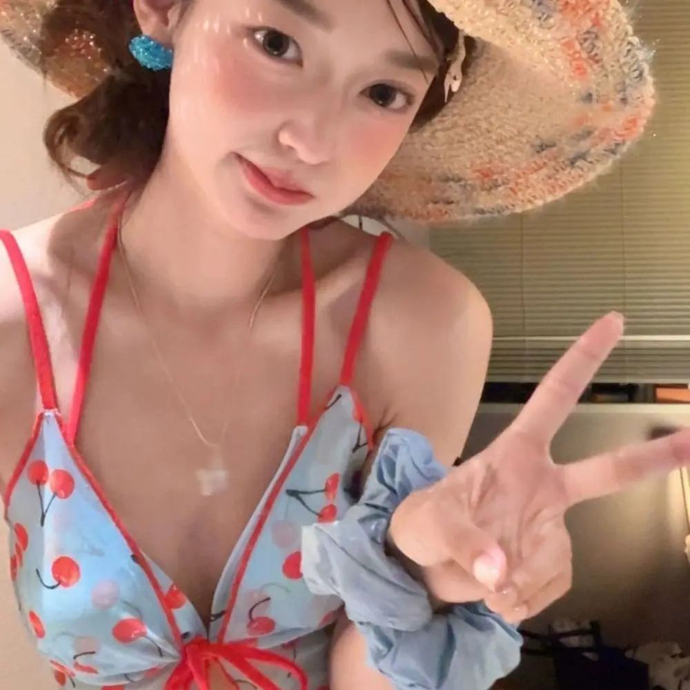 

Split Swimsuit Pure Color Cherry Bikini Set Push Up Mesh Lace Up Sexy Swimwear Wrap Skirt V Neck Bathing Suit Spice Girls