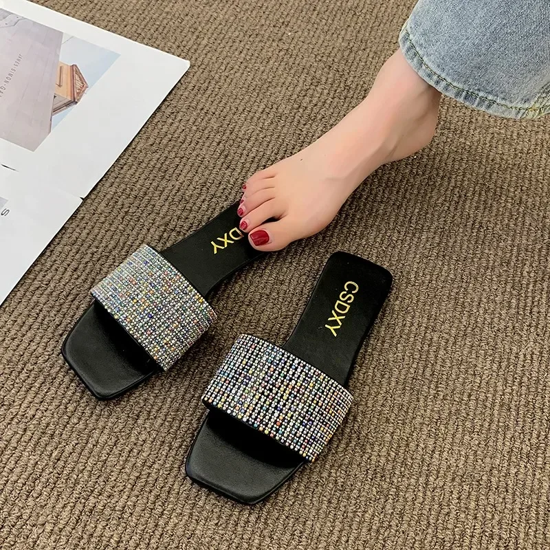 Glitter Slides Flat Shoes Female Woman's Slippers Low Square Toe Big Size Jelly  Summer Fabric Rome Rubber Crystal Sequined