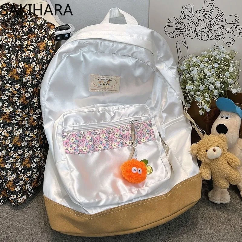 Bolsa escolar floral de grande capacidade para estudantes universitários, mochila casual de cor contrastante, coreana doce, japonesa, todos os fósforos
