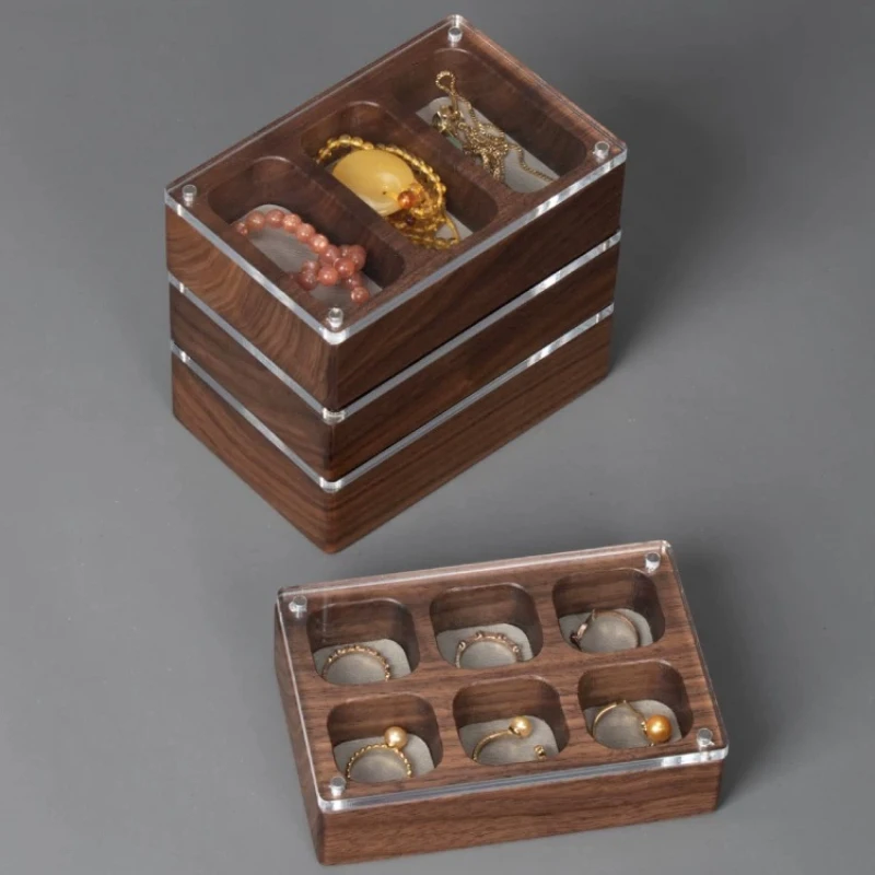Solid Wood Jewelry Box Black Walnut Transparent Storage Boxes Ring Earrings Necklace Display Box Dust-proof Jewellery Organizer