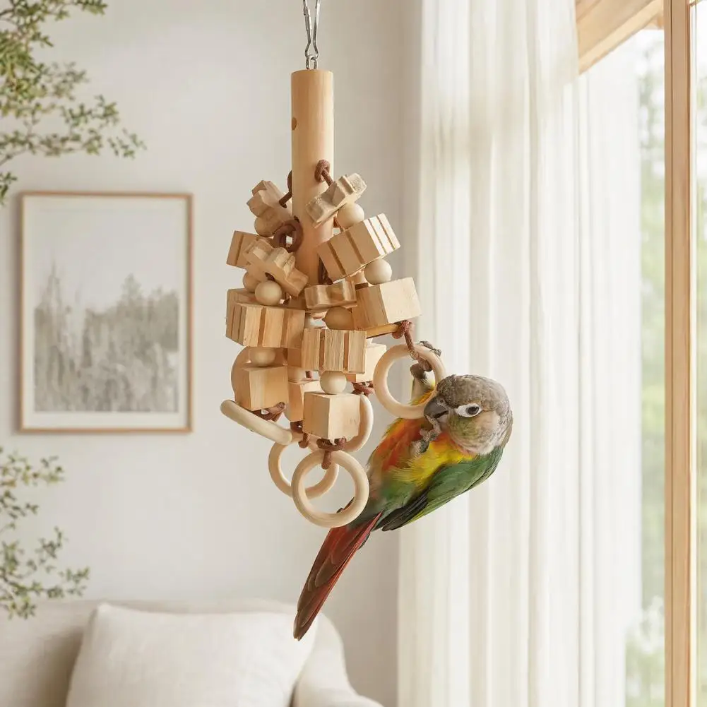 Safe Parrot Toy Wood Blocks Parrot Chew Toy with Wooden Rings Hanging Bird Cage Accessory for Parakeet Conure Cockatiel view 3