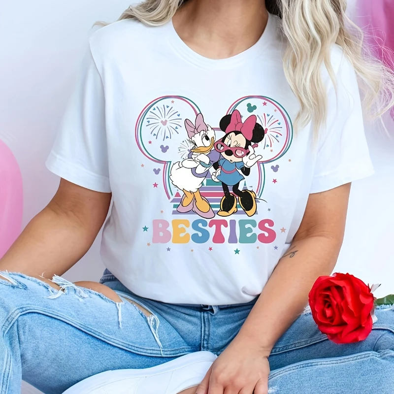 Disney Authorized T-Shirt mit Mickey-Print, kurzärmeliges, lässiges Oberteil mit Rundhalsausschnitt, geeignet für Sommer und Frühling, Damenbekleidung