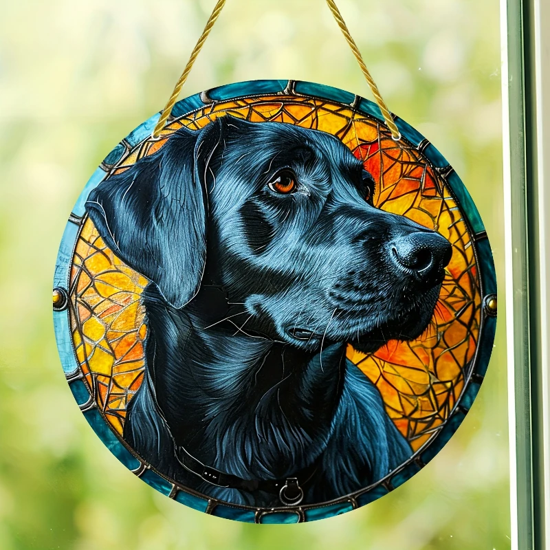 Black Labrador Retriever Stained Window Hanging Sun Catcher Dog Gift for Mom Family Lover Acrylic Round Garland Sign for Garden