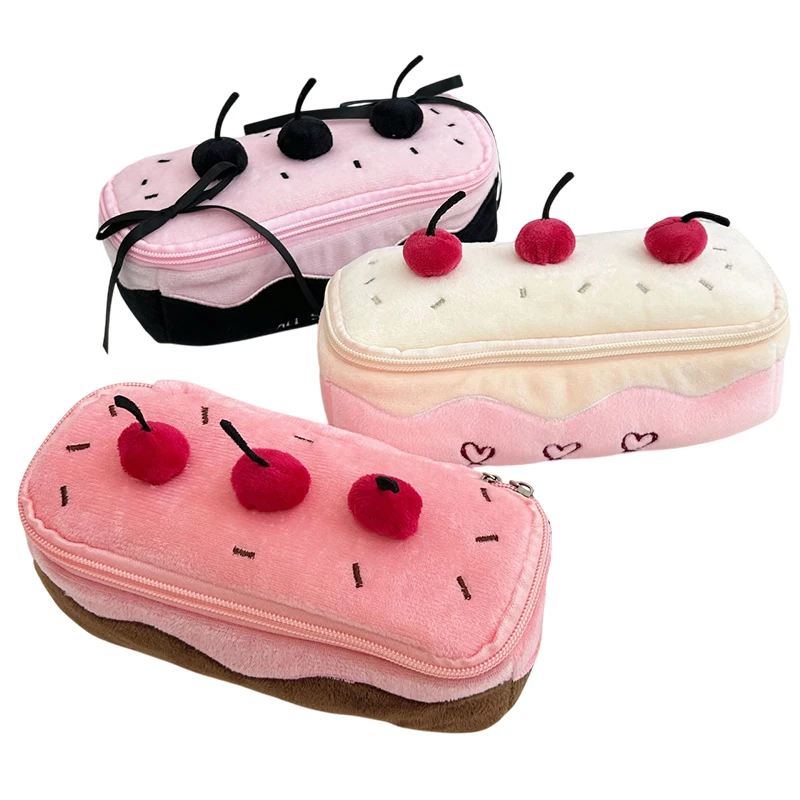 【Schön】 Plüsch-Federmäppchen mit Kirschkuchen-Motiv, großes Fassungsvermögen, Federmäppchen für Schulbedarf