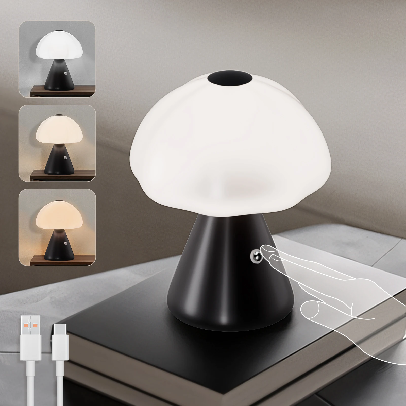 

HYMELA M11 Mushroom Table Lamp Cordless Rechargeable & Touch Dimmable Modern White Small Table Lamp with 5000mAh Battery