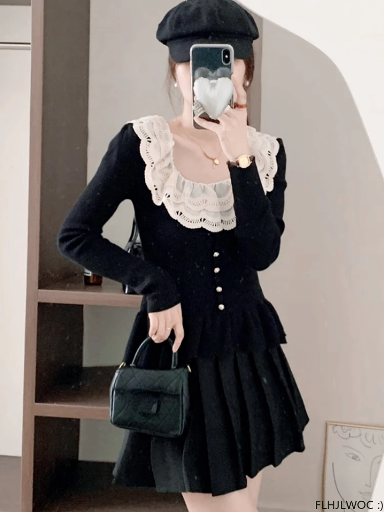 Hollow Out White Lace Tops Ruffles 2023 Woman O Neck Formal Design Black Cute Sweet Girls Knitted Jumper Pullovers Sweaters