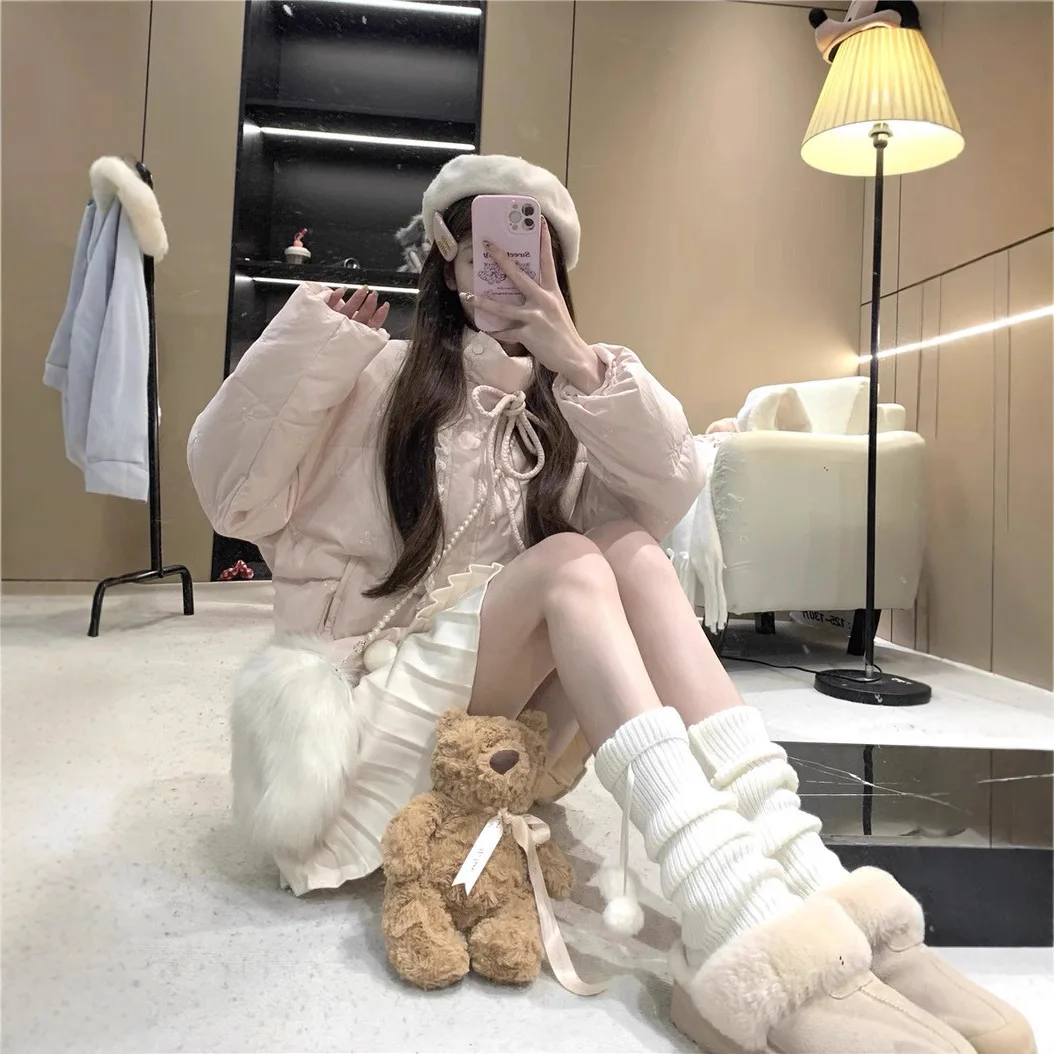 Lace Patchwork Down Cotton Jacket for Women, 2025 New Winter High-end Pink Bow Tie