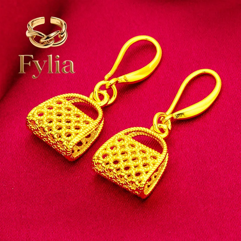 Fylia Jewelry   Bag Earrings Women's 24K Gold AU999 - Cute mini bag design, 24K/AU999 pure gold, dainty and stylish for women