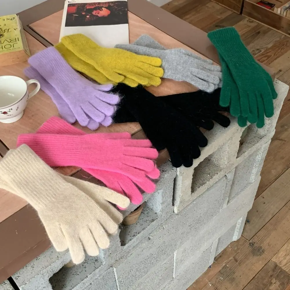 Gestreifte Thermo-Strickhandschuhe, verdicktes Kaninchenfell, Herbst-Winter, warme Handschuhe, winddicht, kältebeständig, lange Handschuhe mit geteiltem Finger
