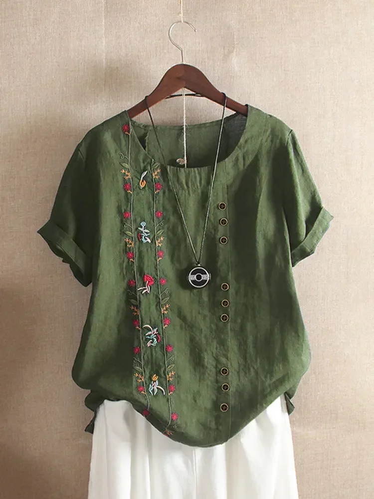 Cotton Linen Embroidery Women Shirts Summer New Elegant Vintage Floral Short Sleeve Casual Work Wear Tops Blouses 5XL