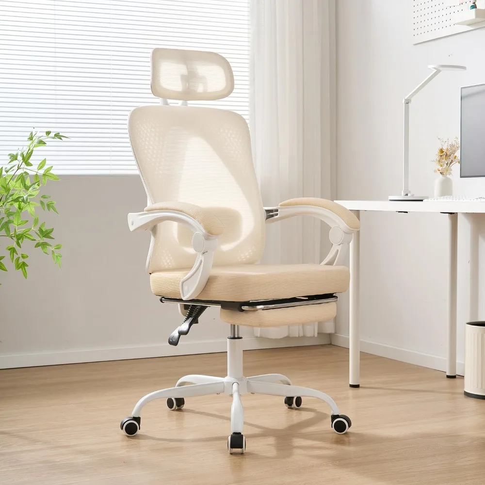 Office chair, adjustable lumbar support, retractable foot pedals, breathable mesh play, adjustable headrest