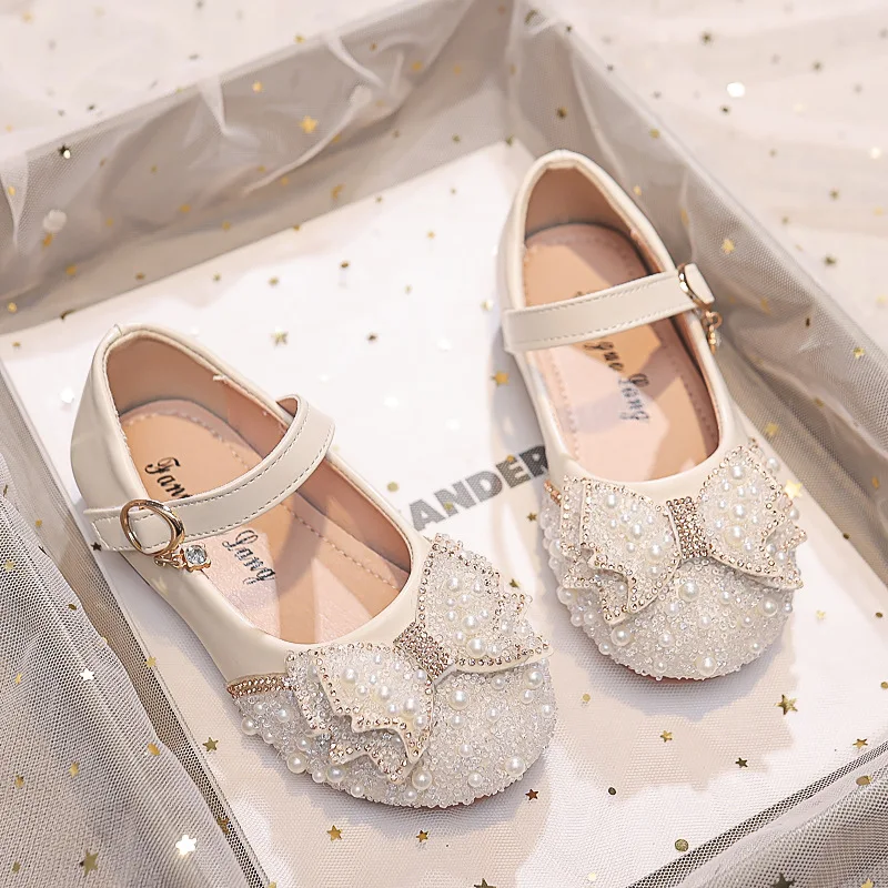 Autumn Fashion Pearl Bow Rhinestone Little Girl Shoes Flat Heels Kids Princess Shoes